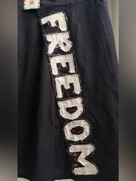 FREEDOM Patch A-Line Organic Cotton Boho Statement Midi Skirt Artisan Bottom S/M - Picture 8 of 11